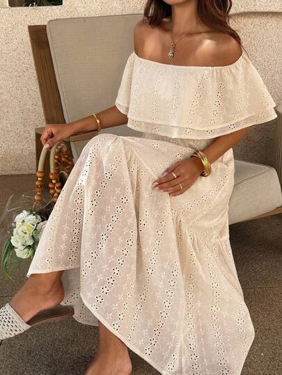 DAZY Đầm midi ren trễ vai kiểu dáng thường ngày dành cho nữ, thích hợp cho mùa xuân và mùa hè.