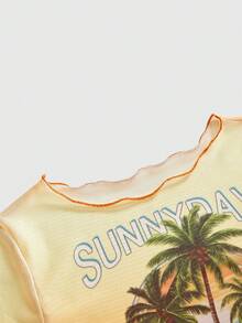 ROMWE Avant Women's Vacation Style Ombre Palm Tree Sunset Print Sheer Blouse - Yellow - View 3