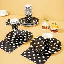 Black Background White Polka Dot Disposable Dining Plate Napkins Paper Cups, Disposable Party Supplies Set, Suitable For 16 Guests, Suitable For Birthdays, Weddings, Theme Parties, Family Picnics, Disposable Dining Plate Party Utensils - View 4