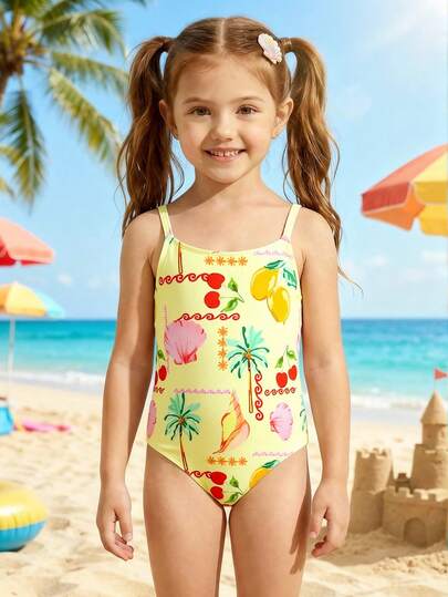 SHEIN 1 pieza Traje de baño de una sola pieza con estampado floral aleatorio para niñas jóvenes