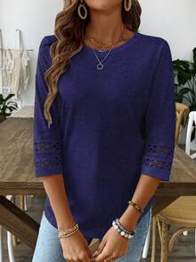 EMERY ROSE Women Solid Color Casual Crew Neck Hollow Out Sleeve Tee Graphic Tees Women Tops - Navy Blue - View 5