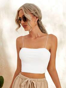 SHEIN Essnce 羅紋針織素色短版吊帶上衣 - 白色 - 查看 5