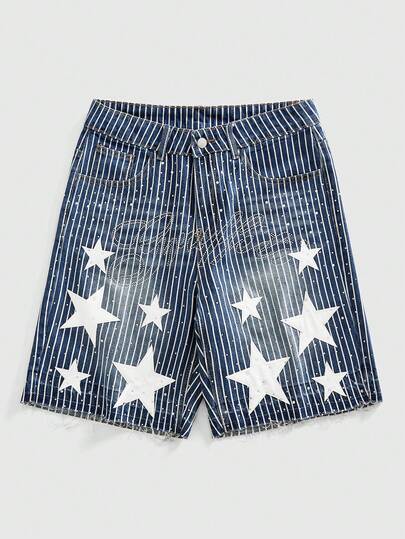 ROMWE MEN Quần short denim nam kẻ sọc đính đá hình ngôi sao năm cánh