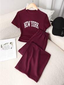 SHEIN 2pcs/Set Teenage Girls Round Neck Printed Waist Cinching Short Sleeve T-Shirt + Casual Wide Leg Pants, Fashionable Casual Style Suitable For Outings, Vacations, School, And Daily Wear - Burgundy - View 7