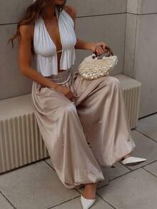 Firerie 女士优雅简约休闲宽松灯笼裤，缎面面料，适合日常穿着、通勤、度假、休闲以及教师装扮，春夏款 - 駝色 - 查看 2