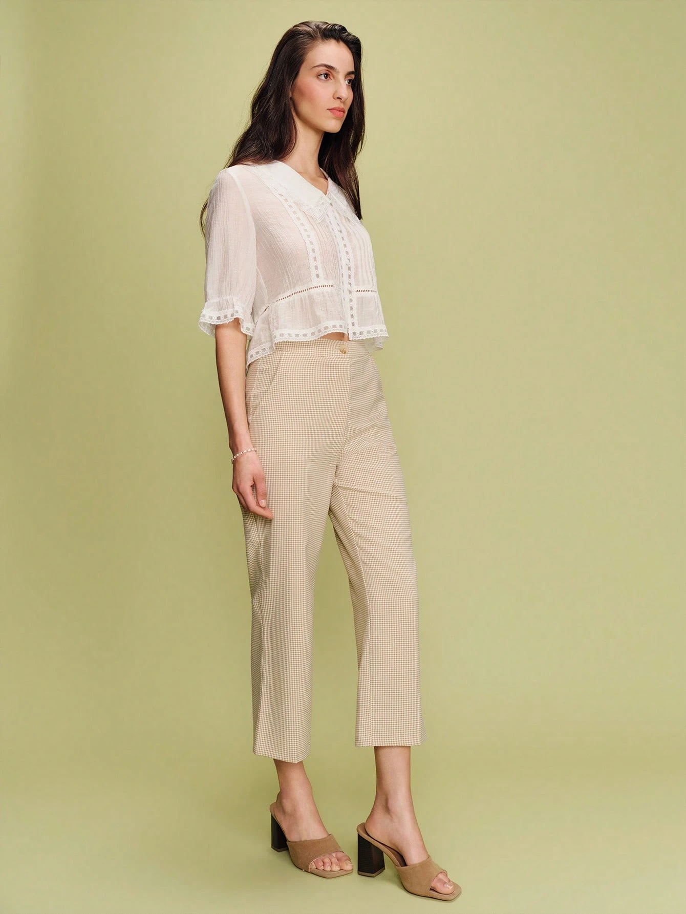 High-Waisted Cropped Straight Leg Checked Trousers Spring Summer Vintage Style Business Casual French Style Parisian Style Plaid Pants