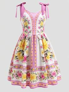 Tween Girls Dress,White Floral,Summer,Boho,Vacation,Holiday Elegant Pink Rose Floral Print Spaghetti Strap Ruffle Hem Bow Shoulder A-Line Dress - Mauve Purple - View 4