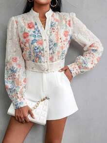 Aveloria Rosie Random Printed Long Sleeve Blouse Button Up Shirt Women  - Multicolor - View 3