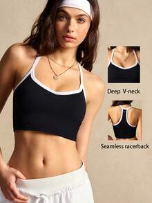VARSIVA Contrast Color Trim Super Short Sports Halter Top - Black and White - View 7