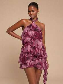 SHEIN BAE Women's Pink Floral Summer Flower Power Night Out Red Tie Dye Halter Neck Ruffle Hem Mini Dress,Suitable For Party,Vacation,Banquet,Wedding,Date - Burgundy - View 4