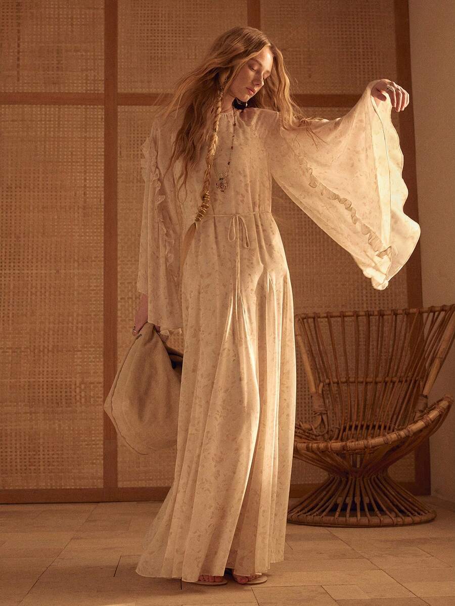 MOTF STUDIO 全身印花荷叶边连衣裙 - 杏色 - 查看 1