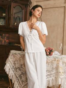 Bộ đồ ngủ nữ tay ngắn kiểu Pháp tối giản, tươi mới, lãng mạn, thêu ren, phối nhiều mảnh. - trắng - Xem 6