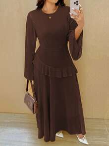 Vionelle Plus Size Solid Color Round Neck Ruffle Hem Elegant Long Sleeve Dress - Brown - View 5