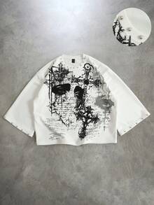ROMWE MEN Men's Loose Fit Printed T-Shirt, 3/4 Sleeve - White - View 3