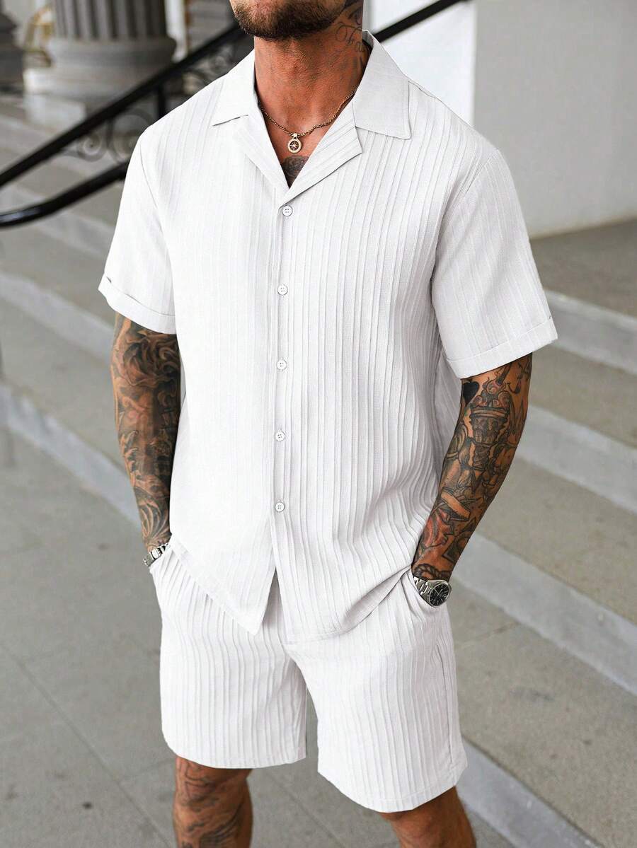 Manfinity Homme Men's Mature Vacation Casual Button-Front Shirt And Shorts Set - White - View 1