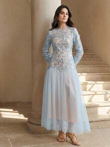 Anewsta Elegant Silver Floral Mesh Sequin Long Sleeve Dress, Suitable For Formal Events And Dates - Silver - View 8