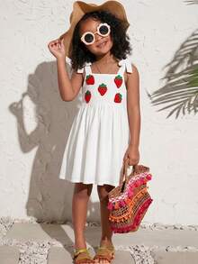 SHEIN Vestito casual da ragazza per vacanze, con spalline a spaghetti, decorazione 3D a fragole e fiori - Albicocca - Visualizzare 1