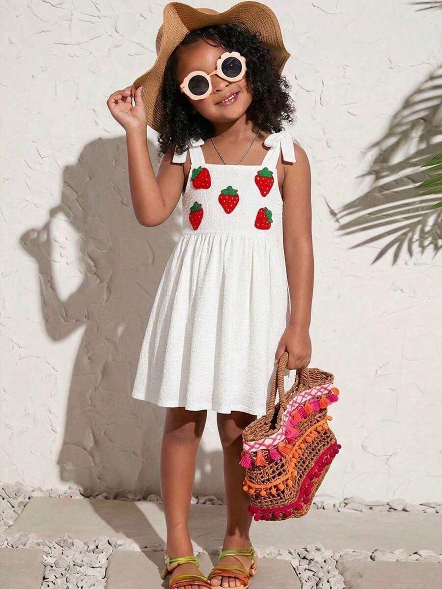 SHEIN Vestito casual da ragazza per vacanze, con spalline a spaghetti, decorazione 3D a fragole e fiori - Albicocca - Visualizzare 1