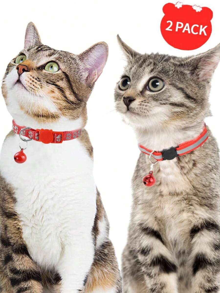 2pcsRed Reflective Anti-LostPet Collarfor SmallAnd Medium DogsAnd Cats ReflectiveSmall AnimalCollarsPrint Pawprint Bell Collar Catbuckle Collar - Red - View 1