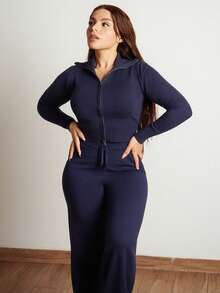 Lupita Cardoza 2 件套女士海军蓝拉链开衫和针织裤休闲套装、毛衣套装，秋冬 - 寶藍色 - 查看 6