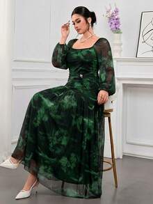 Modelyn Plus Size Elegant Floral Print Dress Fall - Dark Green - View 4