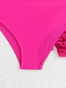 Teen Girls' Solid Color Minimalist Everyday Bikini Sets, 3pcs/Set - Hot Pink - View 3