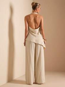 SHEIN BAE 两件套：宽松露背圆领上衣和高腰阔腿裤，米色亚麻套装，夏季海滩度假套装，亚麻两件套 - 卡其色 - 查看 2