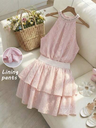 GlowEve Pink Sleeveless Top With Pearls And Elegant Cake Skorts, Vacation/Holiday/Birthday/Valentine's Day Outfit, Sweet Lace Jacquard 2-Piece Set For Women, Summer