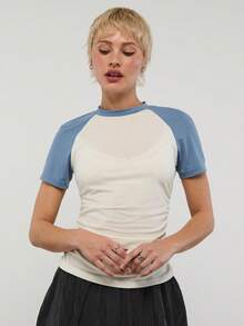 COUREZ Áo thun tay ngắn raglan / Trang phục mùa hè Y2K cho nữ, Áo trắng tay ngắn, Trang phục đi chơi, Trang phục lễ hội âm nhạc, Trang phục đi xem hòa nhạc, Áo mùa hè, Trang phục mùa hè cho nữ - Xanh và trắng - Xem 5