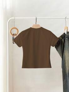 EMERY ROSE Summer Casual Beaded Heart Decor Round Neck Short Sleeve T-Shirt - Khaki - View 2