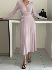 DAZY Autumn/Winter Charming Pleated Design Knitted Draped Waist Dress For Women, Loungewear - Mauve Purple - View 3