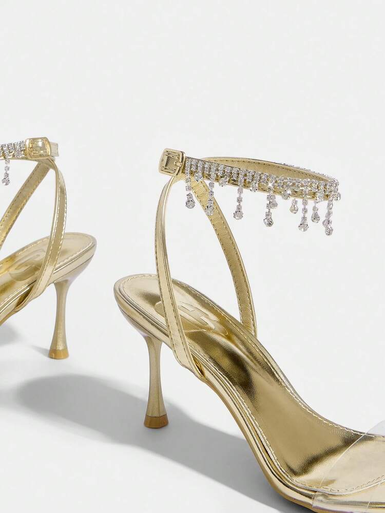 CUCCOO SZL Women Shoes Summer Pointed Slender Heel Gold Transparent Film Rhinestone Chain Ankle Strap Open Toe Women's Sandals Sexy Fashion Gorgeous With Skirts Banquet Party Nightclub Women's High Heel Sandals
