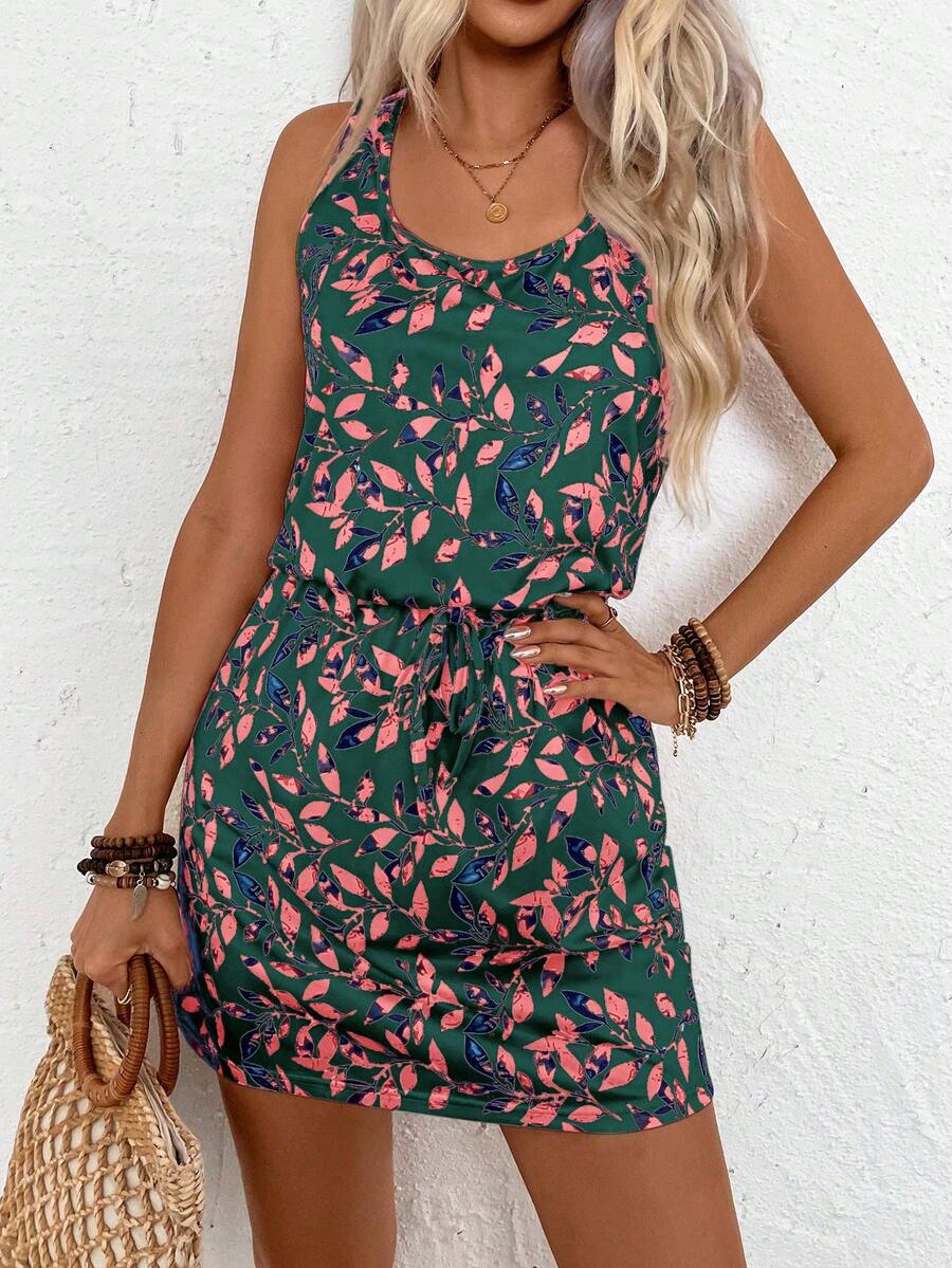 EMERY ROSE Summer Casual Leaf Printed Round Neck Sleeveless Drawstring Waist Dress Vacation Beach Outfits Women - Dark Green - View 1