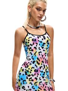 Women Leopard Print Tie Dye Slip Dress - Multicolor - View 5