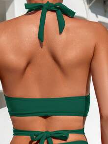 Swim Vcay Bộ bikini cổ yếm màu trơn dành cho nữ, dây buộc chéo. - xanh quân đội - Xem 3