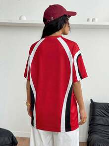 SHEIN Coolane 女士休闲撞色字母印花T恤，夏季 - 紅色 - 查看 6