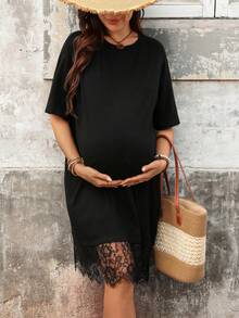 SHEIN 孕妇度假休闲纯色蕾丝拼接连衣裙 - 黑色 - 查看 8