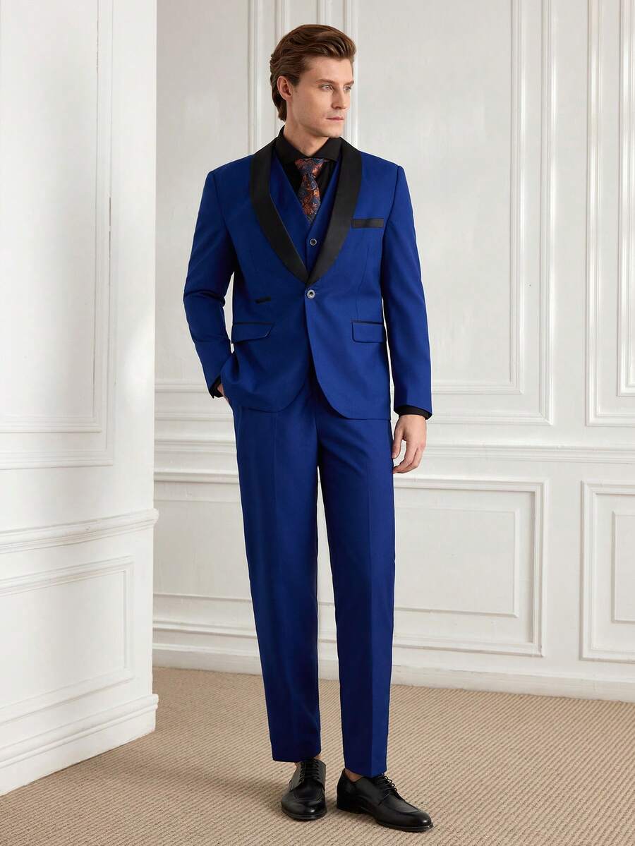 Officeau Bộ vest nam 3 món dáng ôm, chất lượng cao, thích hợp cho công việc/dự tiệc/đám cưới, gồm áo khoác, quần và áo gile.