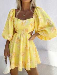 Cévolie Vestido corto de mujer con estampado floral, mangas farol y tirantes anudados en la espalda, para primavera/verano. Vestido casual y suelto con cuello cuadrado y espalda descubierta, en estilo francés elegante, adecuado para fiestas, vacaciones y compras. - Amarillo - Ver 3
