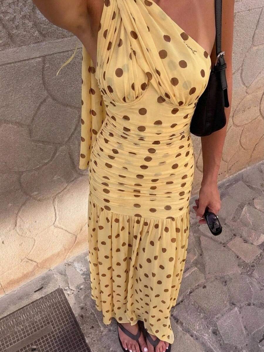 Lumalex 新款春夏波点网纱荷叶边优雅度假长裙