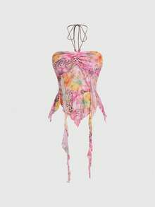 ROMWE Avant Women's Paisley Print Halter Neck Asymmetric Hem Tank Top - Pink - View 1