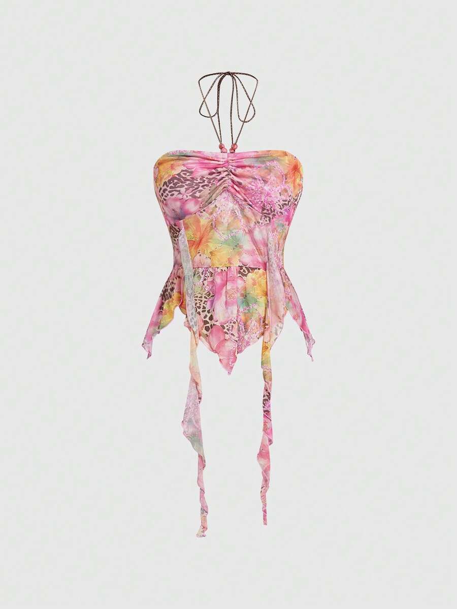 ROMWE Avant Women's Paisley Print Halter Neck Asymmetric Hem Tank Top - Pink - View 1