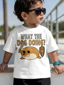 SHEIN Baby Boy Casual Cartoon Print Short Sleeve Round Neck Top, Suitable For Summer, Classic Cartoon Puppy Shield Print - White - View 1