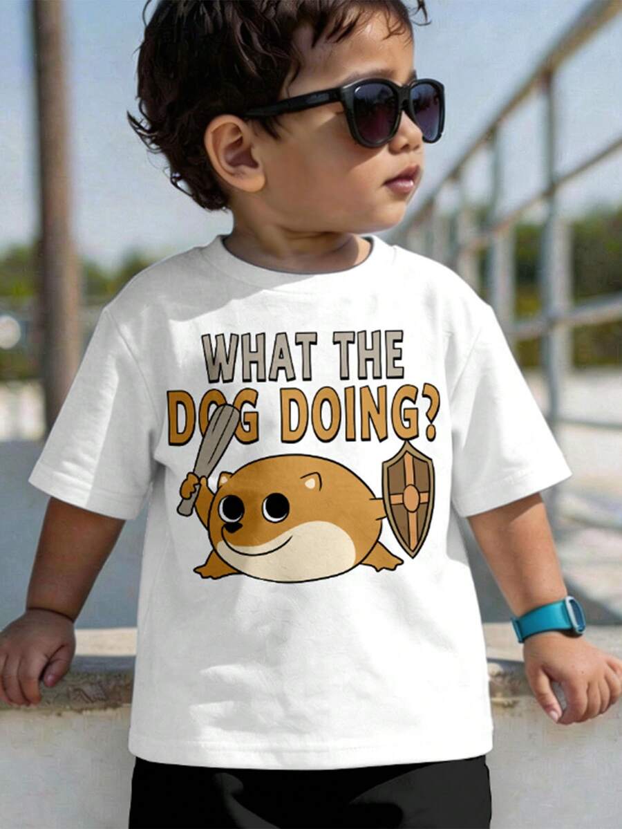 SHEIN Baby Boy Casual Cartoon Print Short Sleeve Round Neck Top, Suitable For Summer, Classic Cartoon Puppy Shield Print - White - View 1