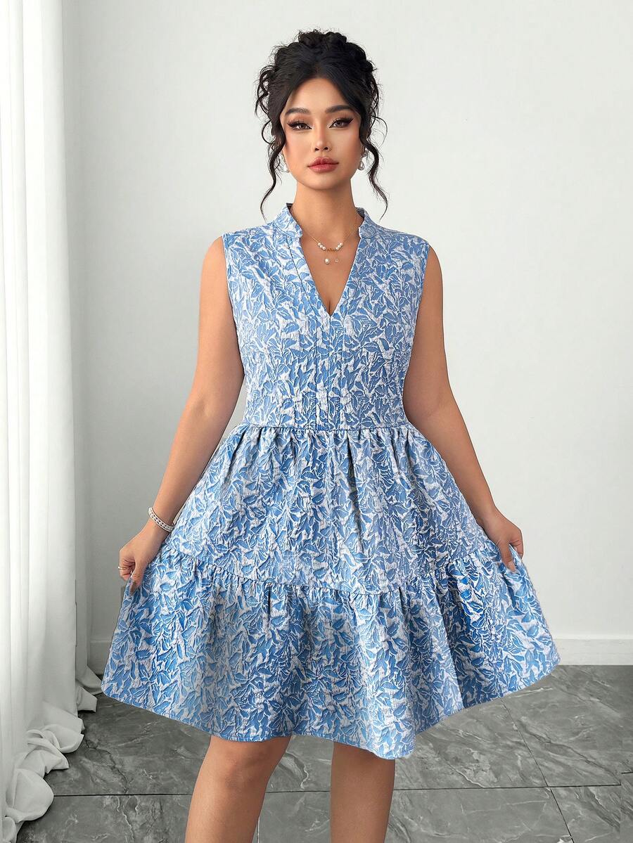 Elenzga Đầm hè cỡ lớn không tay cổ chữ V in họa tiết toàn thân, chất liệu jacquard thanh lịch. - Màu xanh lam - Xem 1