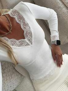 DAZY Women's Elegant Lace Patchwork Long Sleeve T-Shirt, Slim Fit, Suitable For Spring/Summer, Party & Valentine's Day - White - View 10