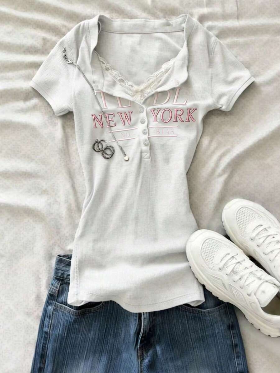 SHEIN Half-Open Collar Fitted Short Sleeve T-Shirt For Women - White - View 1