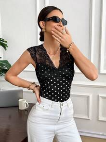 Serisse Blusa elegante de mujer con parches de encaje y estampado de lunares, para verano - Blanco y Negro - Ver 4