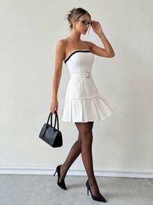 Franclia Women's Summer Elegant Black And White Strapless Bandeau Pleated Mini Dress,Graduation Formal Classy Tube Dress With Metal Buckle Waist Belt Decor - Black and White - View 5