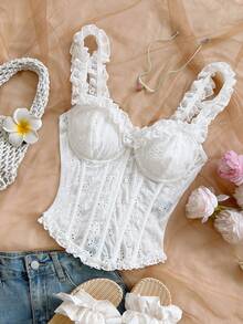 Soleia Elegant White Summer Floral Ruffle Trim Camisole With Criss-Cross Back Straps,Boho Picnic Garden Party Vintage Bohemian Vacation Holiday Top - Blue - View 3